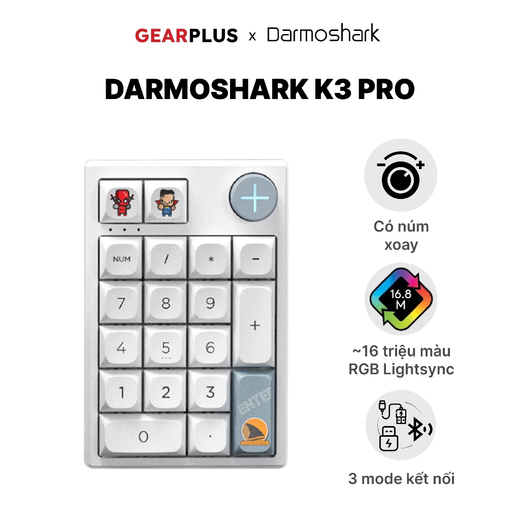 Bàn Phím Số Cơ Darmoshark K3 Pro Bluetooth/Wired 19 Phím Hot Swap RGB Gaming
