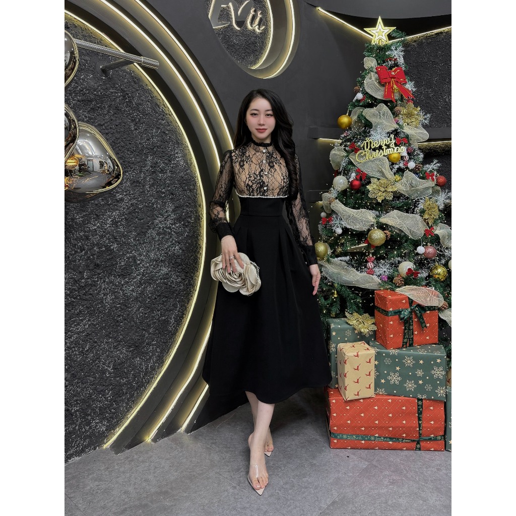 VK38 - Váy Thiết Kế Evii dành cho nữ, Đầm thiết kế cổ bèo phối ren, viền ngọc tạo điểm nhấn dáng A x