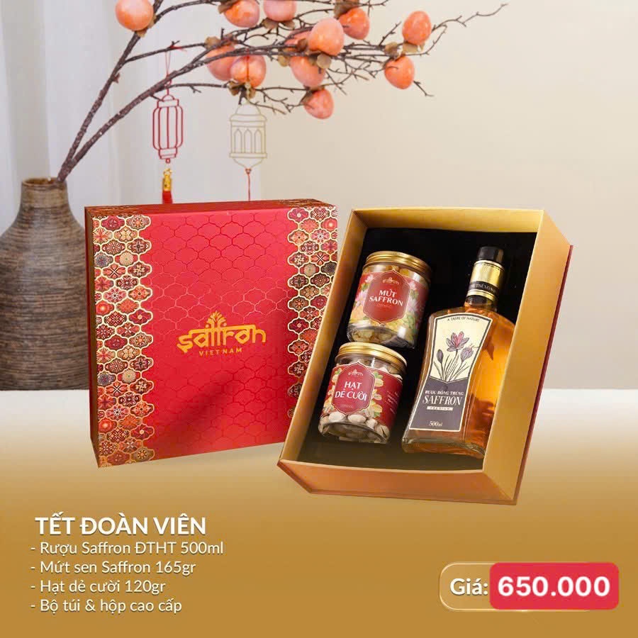 Set quà TẶNG    ARMIN RƯỢU saffron đông trùng kèm Mứt sen Saffron Việt Nam