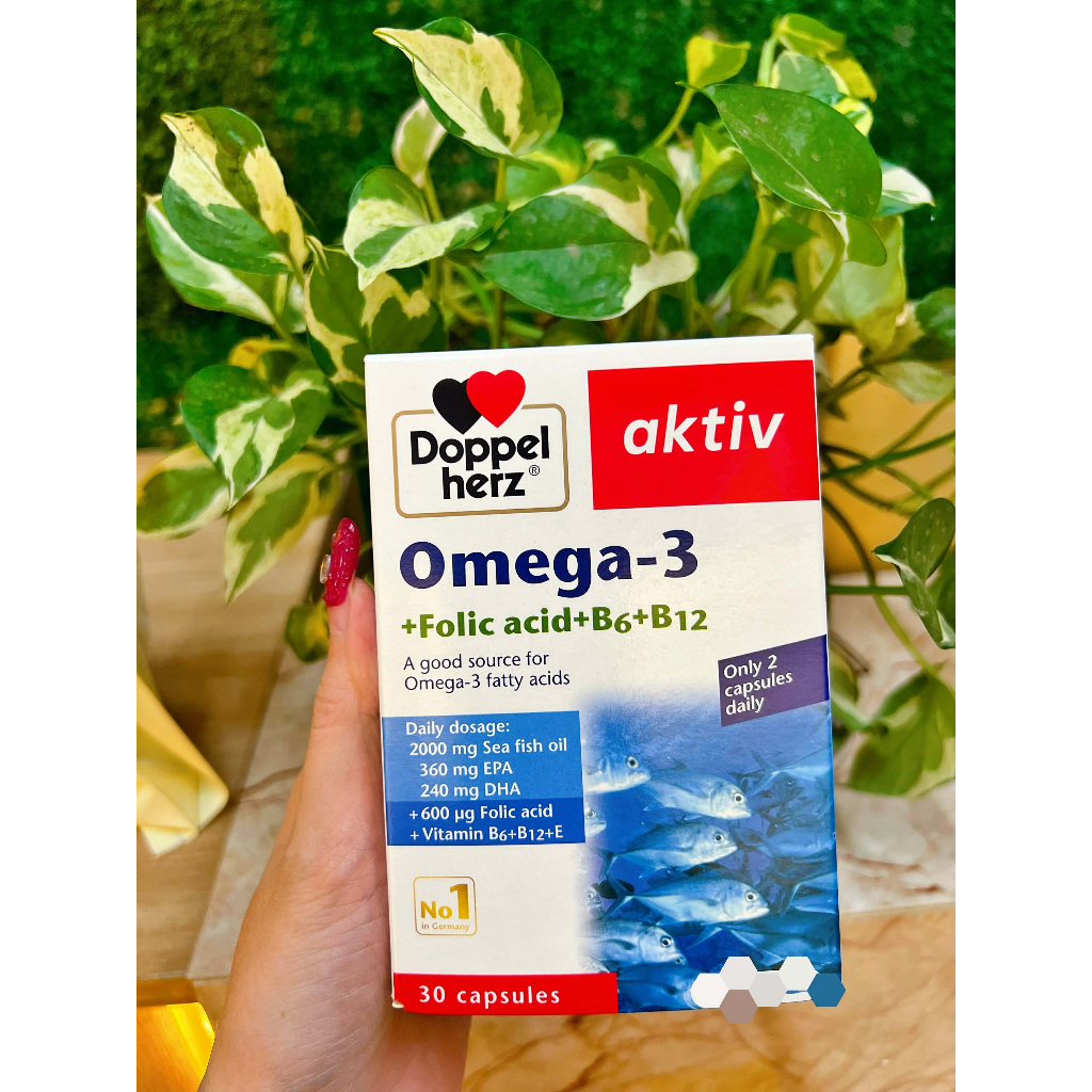 Dầu cá Omega 3 Aktiv DHA Acid Folic B6 B12 - Nhập khẩu từ Doppel Herz Đức - Aktiv Omega hộp 30 viên 