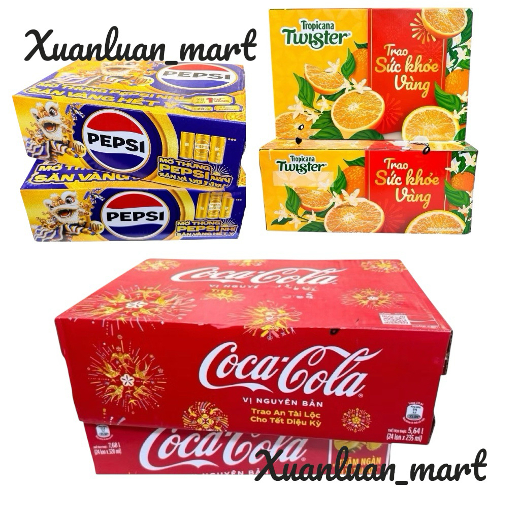 (Lon 235ml) Thùng 24 Lon Vàng Tết Tài Lộc Pepsi/Twister/Coca 235ml Có Thẻ Cào Trong Vỏ Thùng