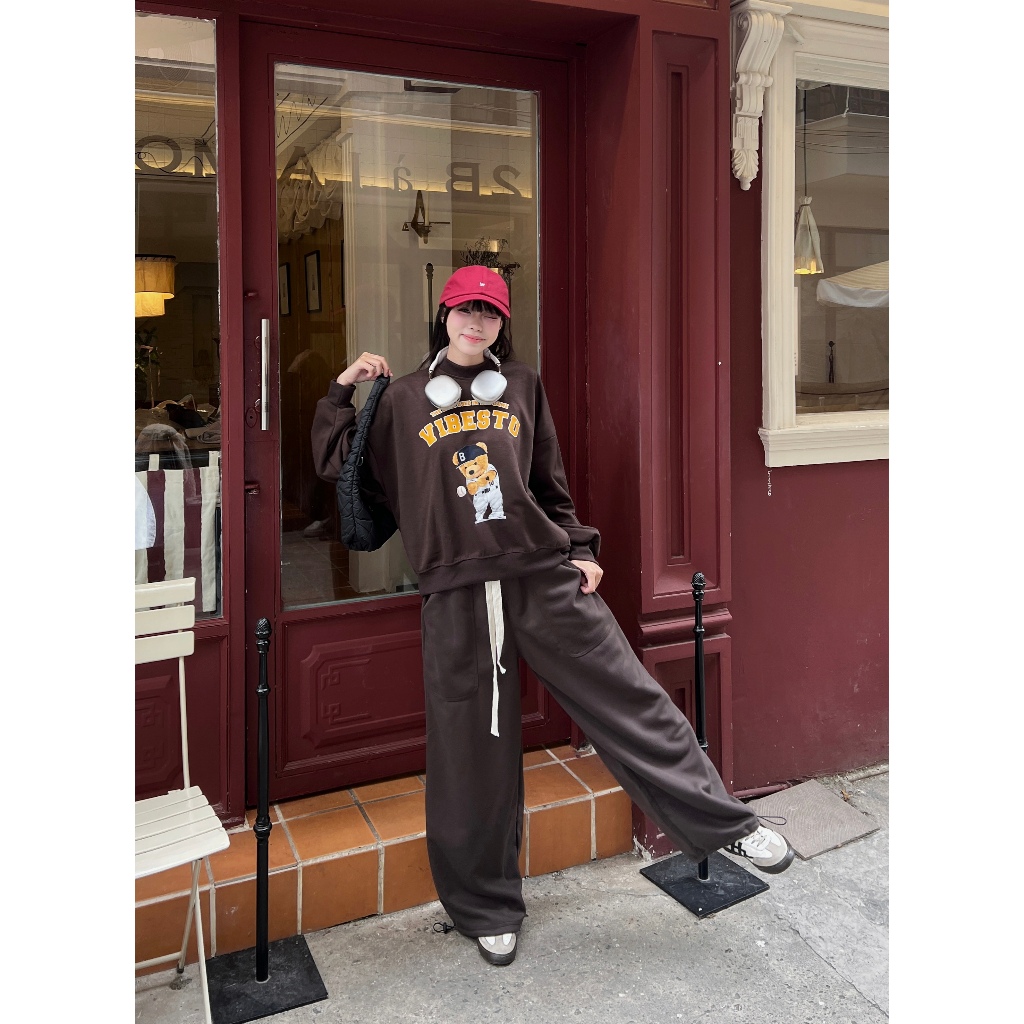 Áo Sweater Nỉ 2 Da  VIBESTU " Bear and Ball  " Boxy Tay Dơi Unisex Nam Nữ | BigBuy360 - bigbuy360.vn