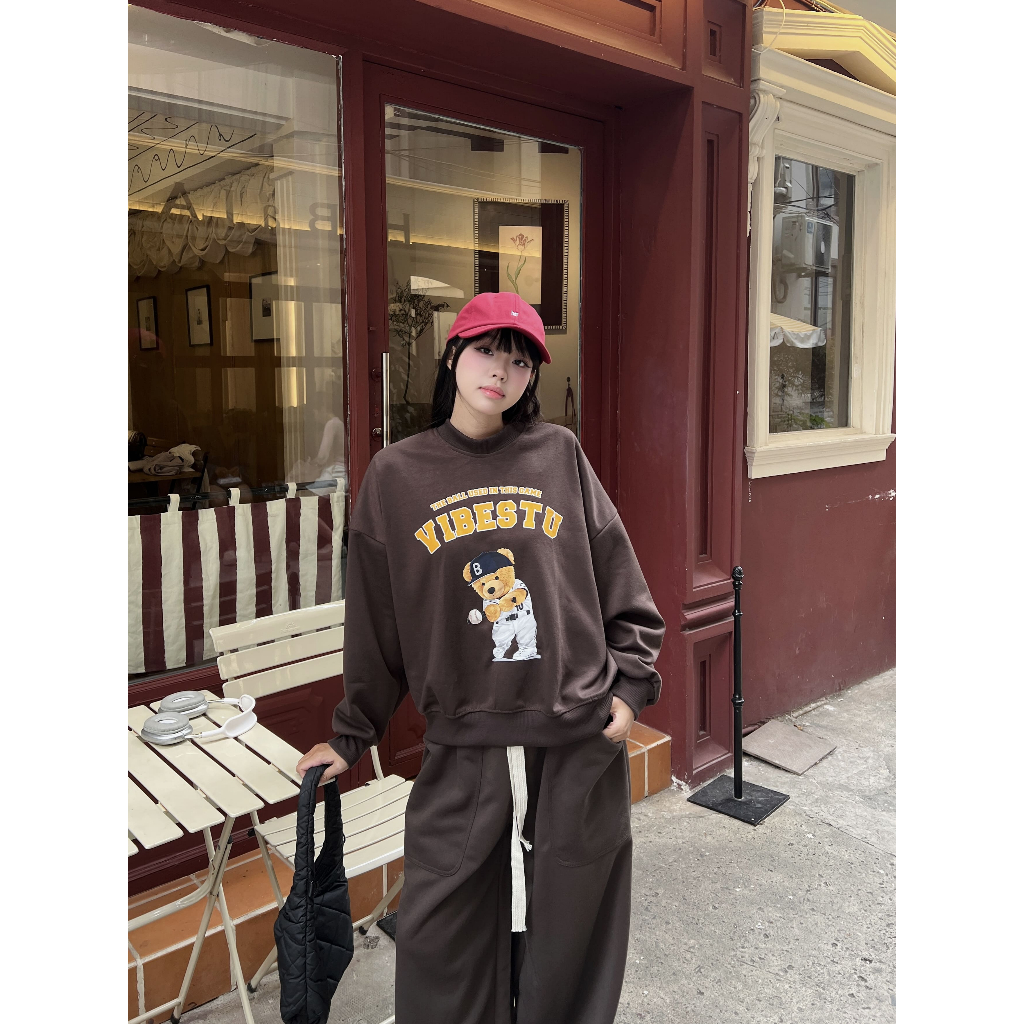 Áo Sweater Nỉ 2 Da  VIBESTU " Bear and Ball  " Boxy Tay Dơi Unisex Nam Nữ | BigBuy360 - bigbuy360.vn