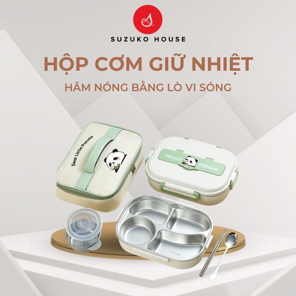 Hộp cơm 4 5 ngăn giữ nhiệt Hello Panda, Hộp đựng cơm trưa inox 304 SUZUKO HOUSE mang đi làm văn phòn