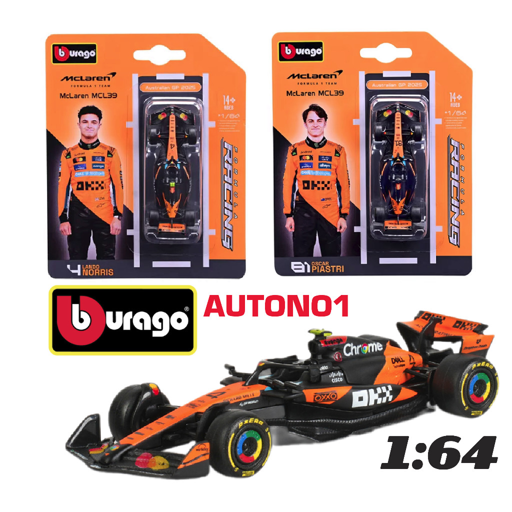 Mô hình xe đua F1 2025 McLaren F1 Team MCL39 Australia GP tỉ lệ 1:64 Bburago bản card 18-58001 OT646