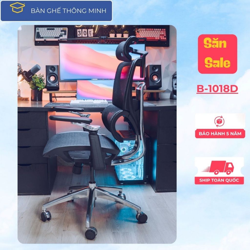 Ghế Công Thái Học BSUC B-1018D Màu Đen, Tựa Ngả 135, Lưới Thoáng Khí Cao Cấp