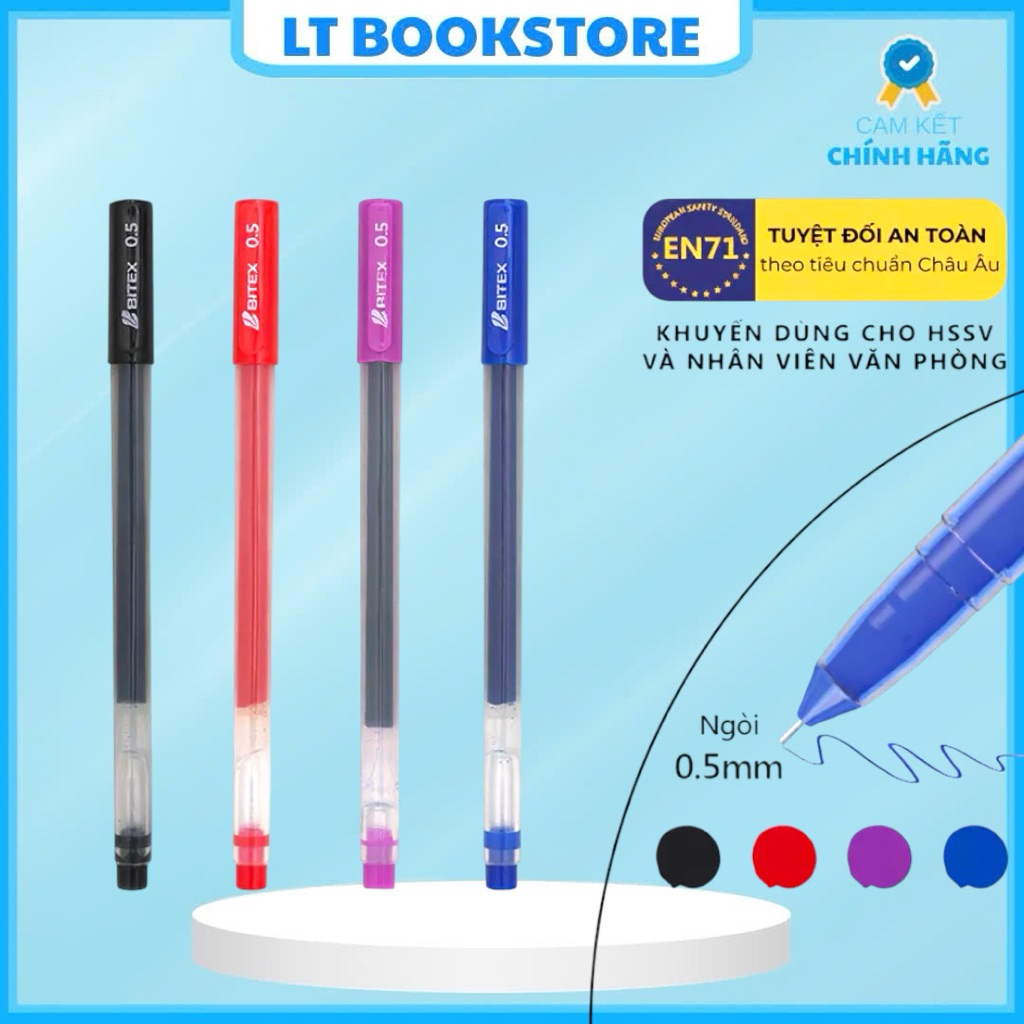 Combo 20 Bút gel G08 Bitex Xanh/Đỏ/Đen/Tím, nét 0.5mm, Viết êm trơn, mực ra đều, không lem - LT Book