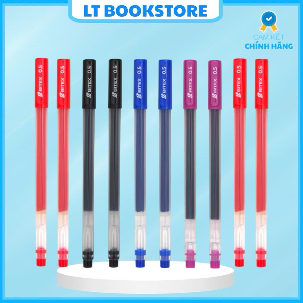 Combo 10 Bút gel G08 Bitex mực xanh/đỏ/đen/tím, nét 0.5mm, Viết êm trơn, mực ra đều - LT BookStore