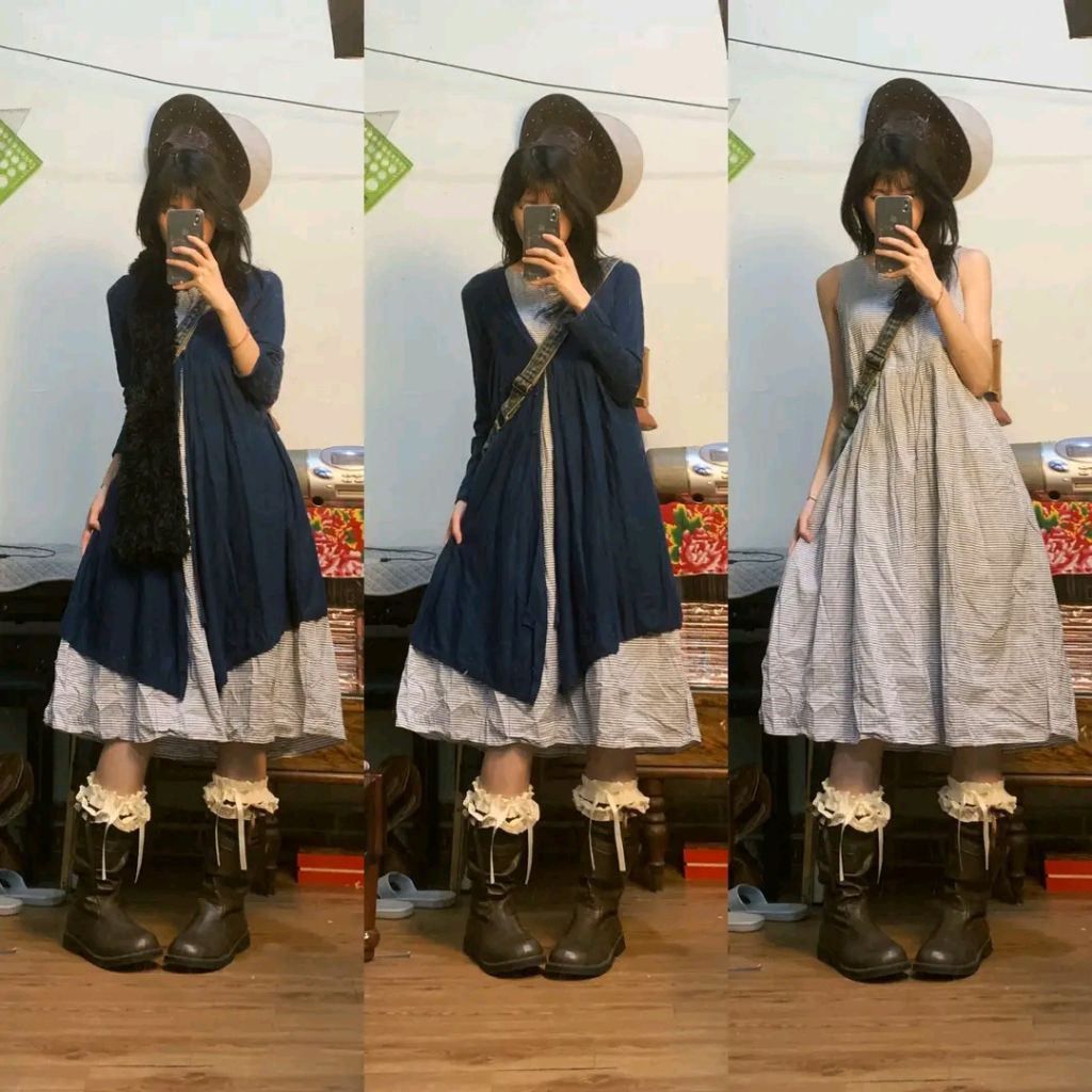 VÁY DÀI KẺ STYLE MORI GIRL 2HAND KÈM ÁO KHOÁC CARDIGAN XANH