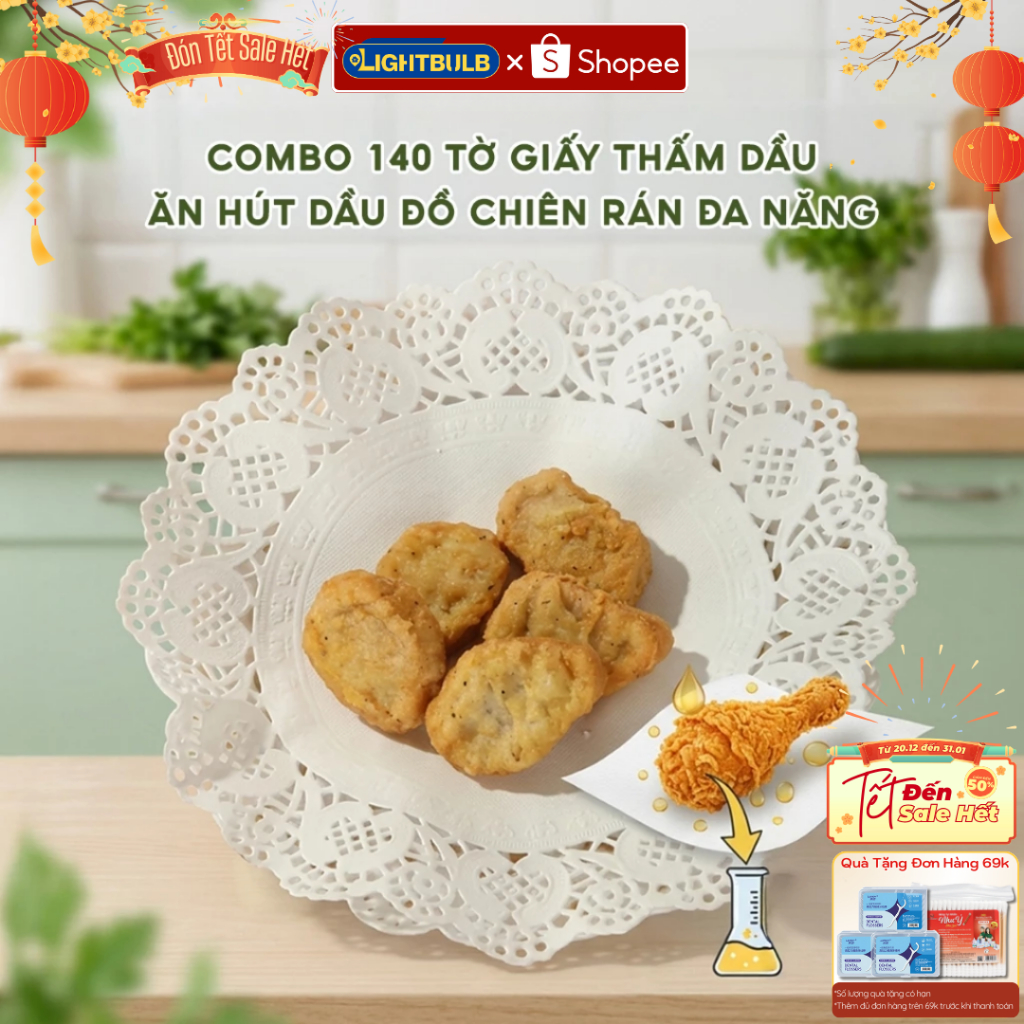 COMBO 420 Giấy Thấm Dầu Ăn Lót Bánh LIGHBULB - Giấy Nến Đục Lỗ Tròn Thấm Dầu Mỡ Chiên Dán Nồi Chiên