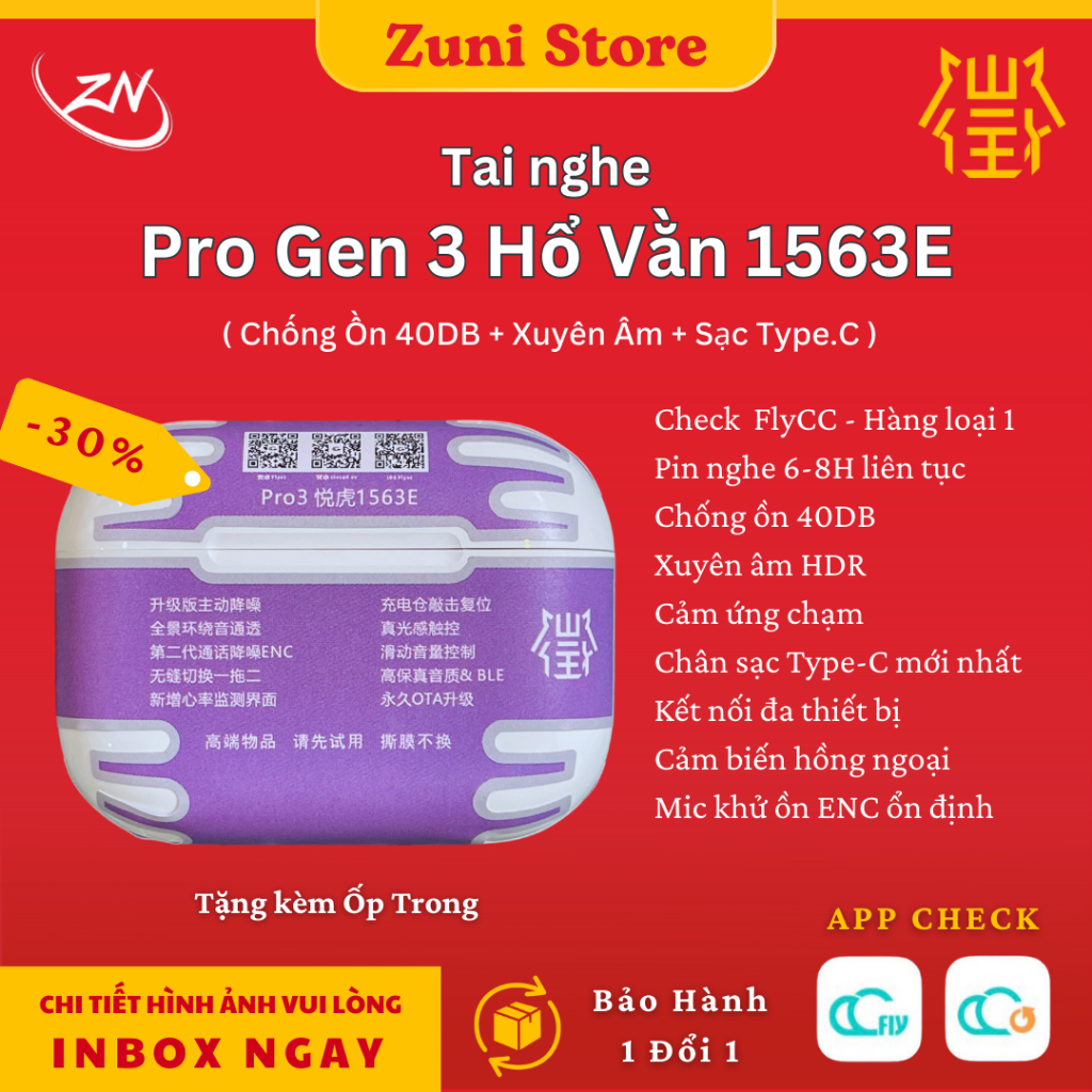 [ Pro 3 1563E ] Tai Nghe Bluetooth Hổ Vằn 1563E Chống Ồn ANC 40DB - Xuyên Âm - Cảm Biến Hồng Ngoại