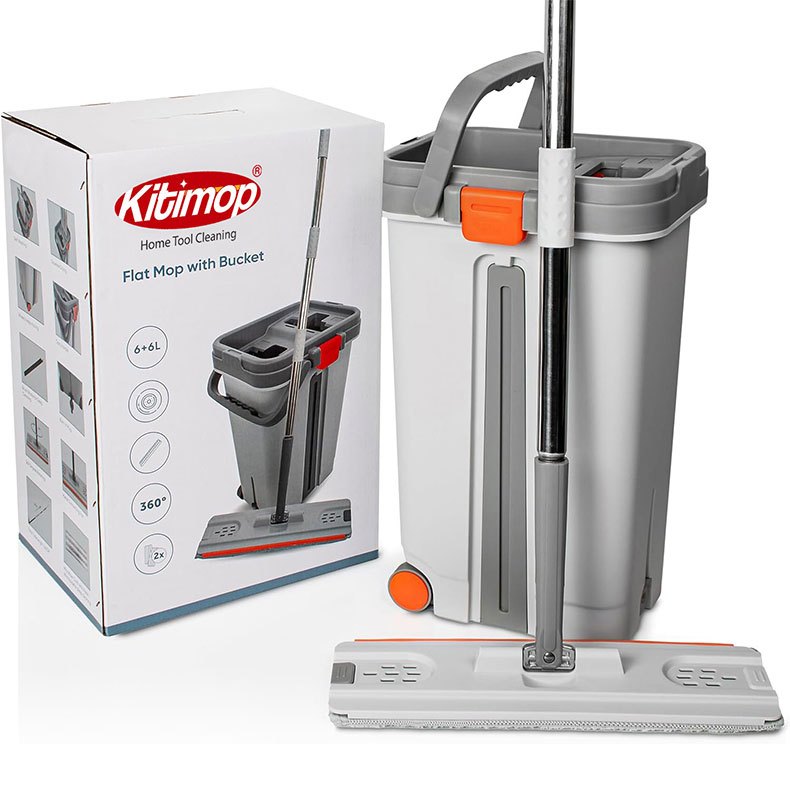 Cây Lau Nhà KITIMOP PRO MAX, Thùng Lau Nhà Tự Vắt Thông Minh, Chổi Lau Nhà Xoay 360 Độ, 3 Bông Lau