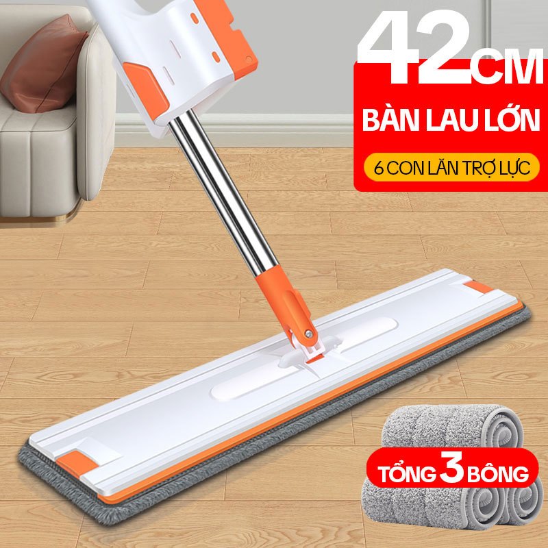 Cây Lau Nhà Tự Vắt KITIMOP WHITE 42CM, Chổi Lau Nhà Tự Vắt Thông Minh Xoay 360 Độ, 3 Bông Lau