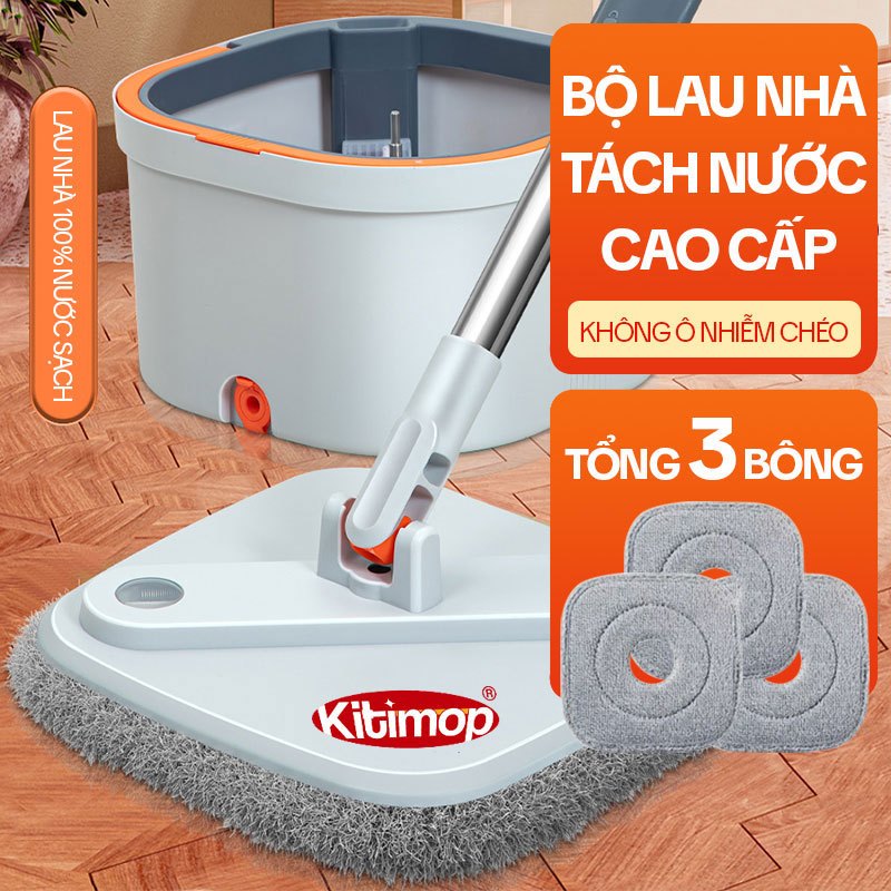 Cây Lau Nhà Tách Nước Bẩn KITIMOP N08, Thùng Lau Nhà Tự Vắt Thông Minh, Chổi Lau Nhà Xoay 360 Độ