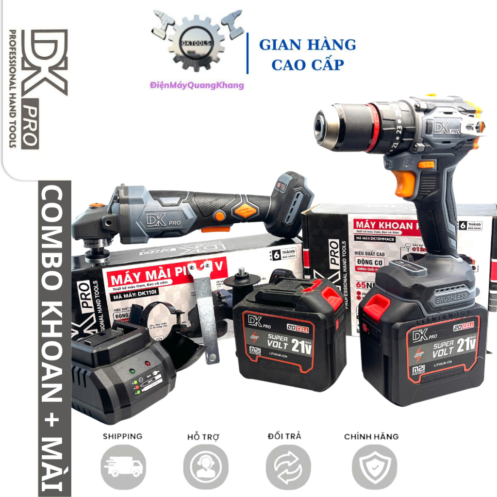 COMBO DKPro Máy mài , Máy khoan 13Li , động cơ không chổi than , chân pin phổ thông 4cm