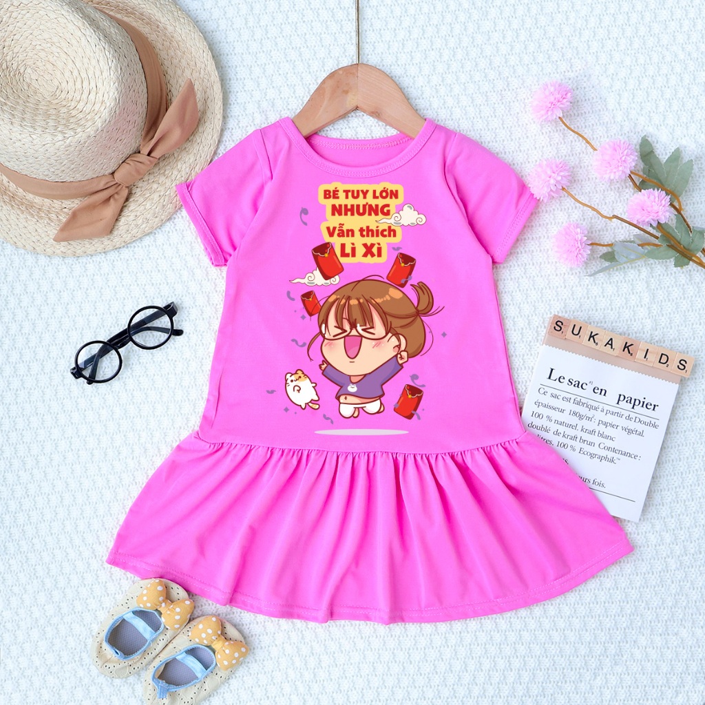 Đầm Tết 2026 cho bé gái họa tiết hoạt hình, chất mịn mát, bé mặc đi Chơi Tết.DAM07