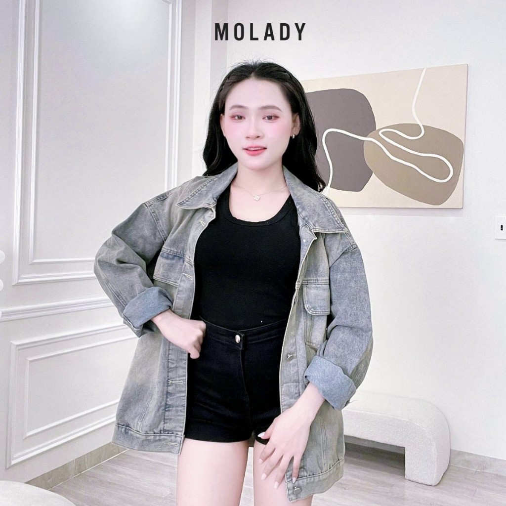 Áo khoác JEAN nữ MOLADY dáng dài thiết kế túi nắp hộp thời trang K421