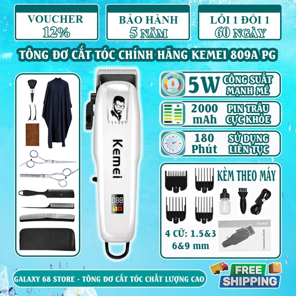 Tông Đơ Cắt Tóc Kemei 809APG Chính Hãng, Tăng Đơ Cắt Tóc Nam Cao Cấp, Lưỡi Sắc, Màn Hình LED