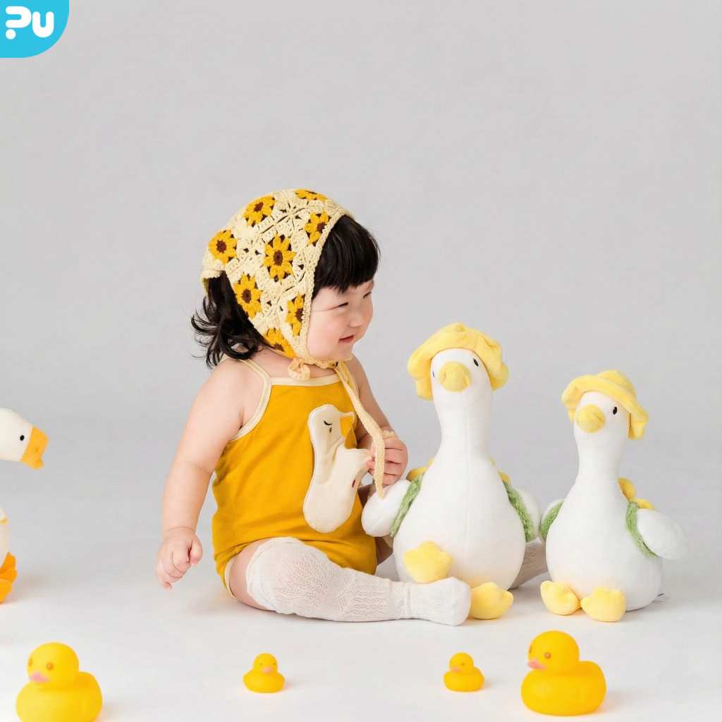 Gấu Bông Vịt Trắng Đeo Balo Đội Mũ Hoa Đáng Yêu PUPI - Thú Nhồi Bông Vịt Bầu Chào Hè 2026 Mềm Mịn An Toàn Cho Bé