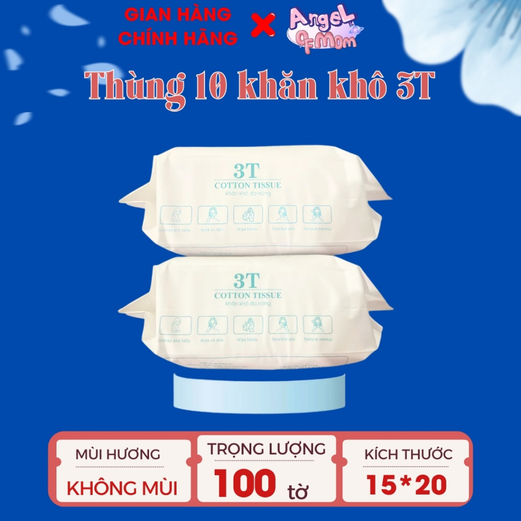 Thùng 10 bịch khăn khô 3T Pharma 100 Tờ Khăn Khô  Dùng 1 Lần, kháng khuẩn ,an toàn cho bé 3 BỊCH , 5