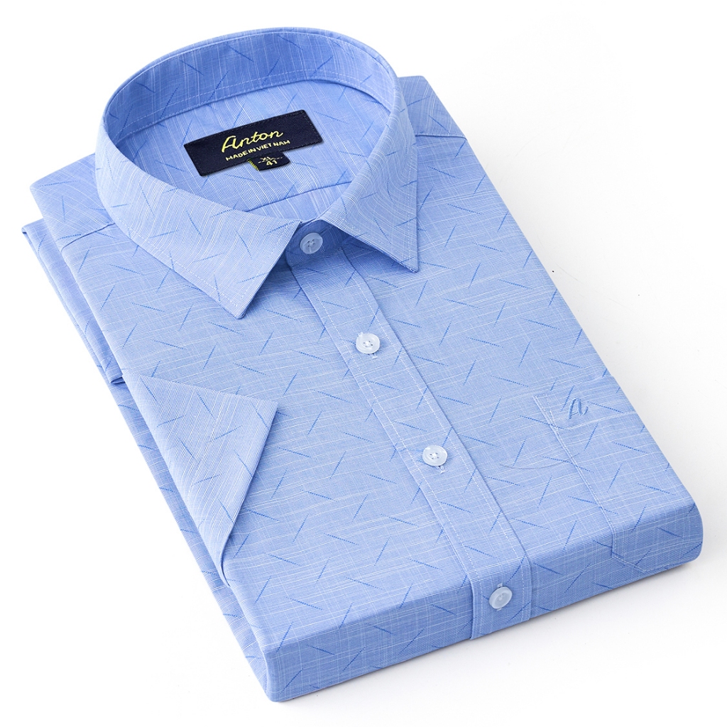 Áo Sơ Mi Nam Công Sở Trung Niên Thương Hiệu Anton Somianton Xanh Dương Ngắn Tay Họa Tiết In Chìm Vải Cotton - GD561