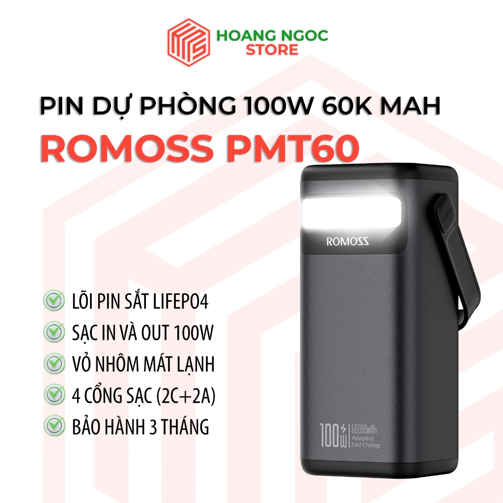 Sạc dự phòng dung lượng cao 60000 mAh Romoss PMT60 sạc nhanh 100w tích hợp đèn