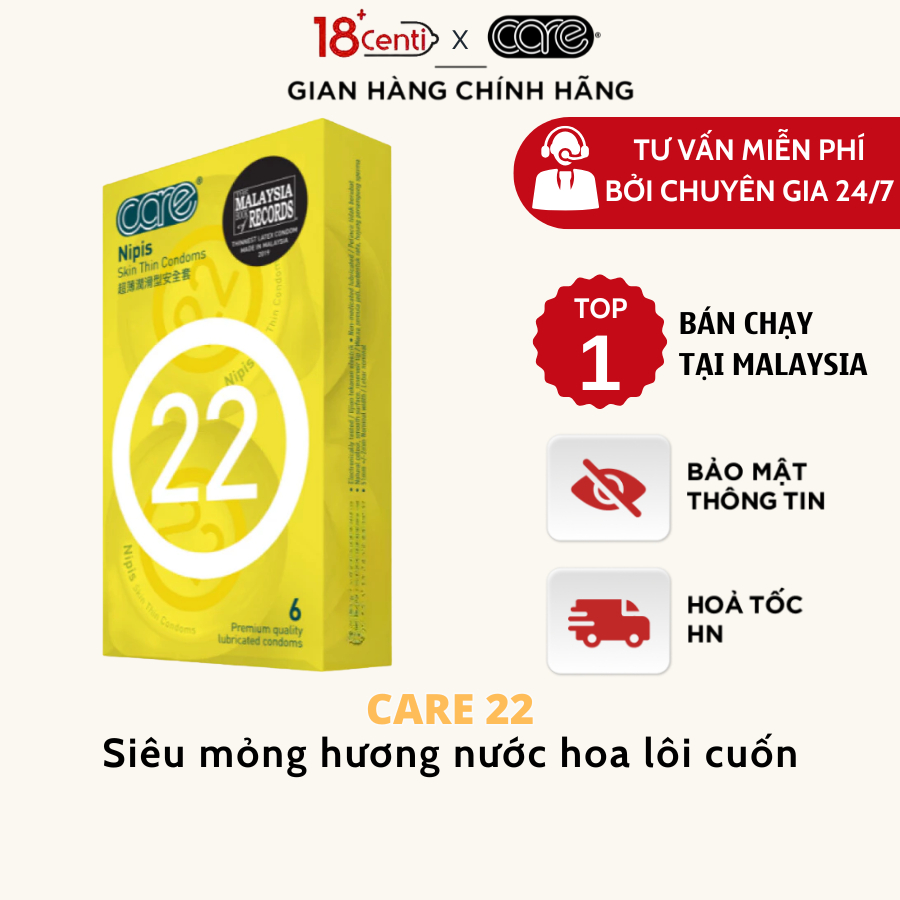 Bao Cao Su CARE 22 Siêu Mỏng, Nhiều Gel, Hương Nước Hoa Cao Cấp, Hộp 6 Bcs Size 52mm - 18Centi