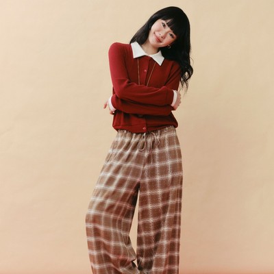 [BEST SELLER] DOTTIE - Quần suông ống rộng dài kẻ ô - Nâu - Q0415