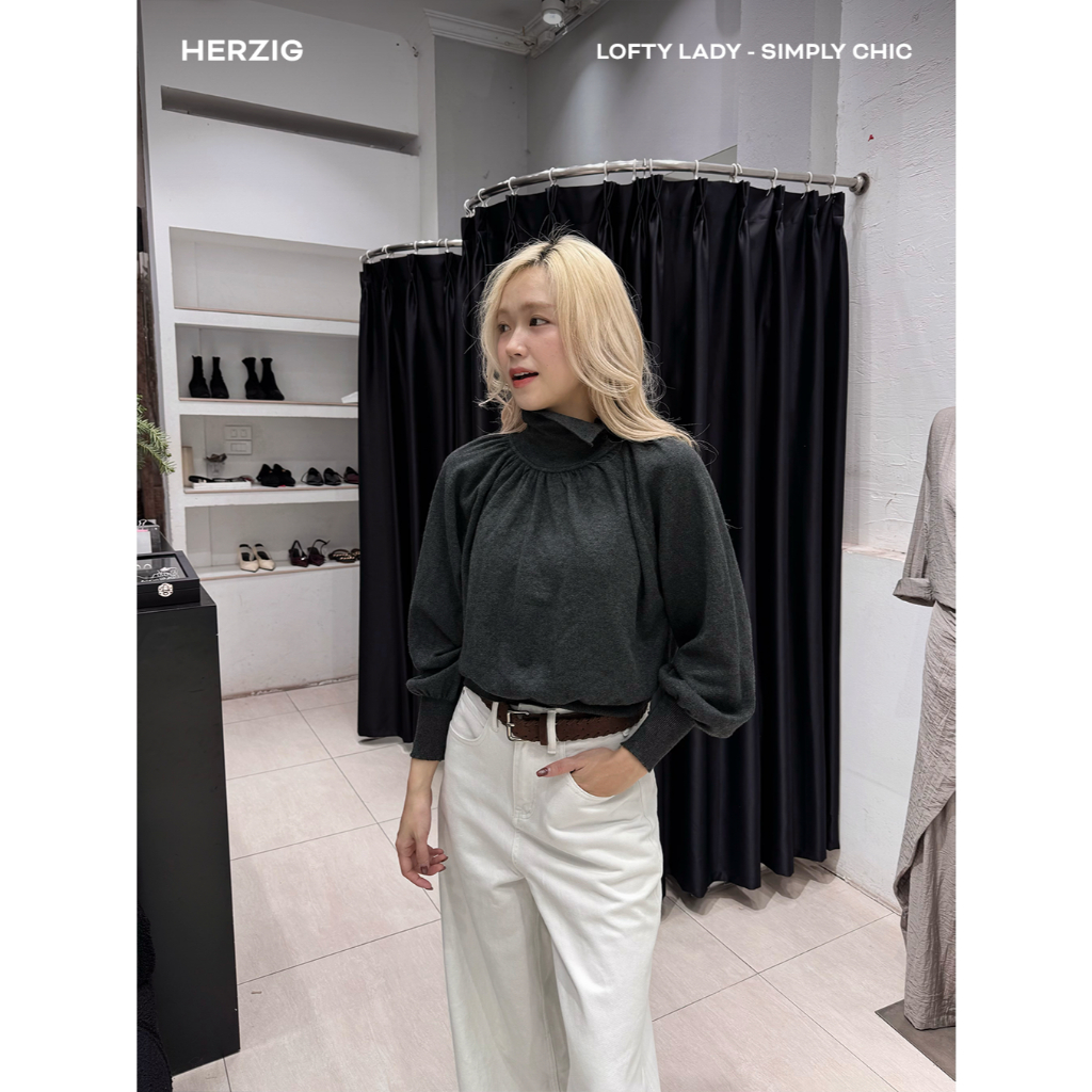 Áo thun len ghi cổ cao tay bồng xếp li A3947 Herzig