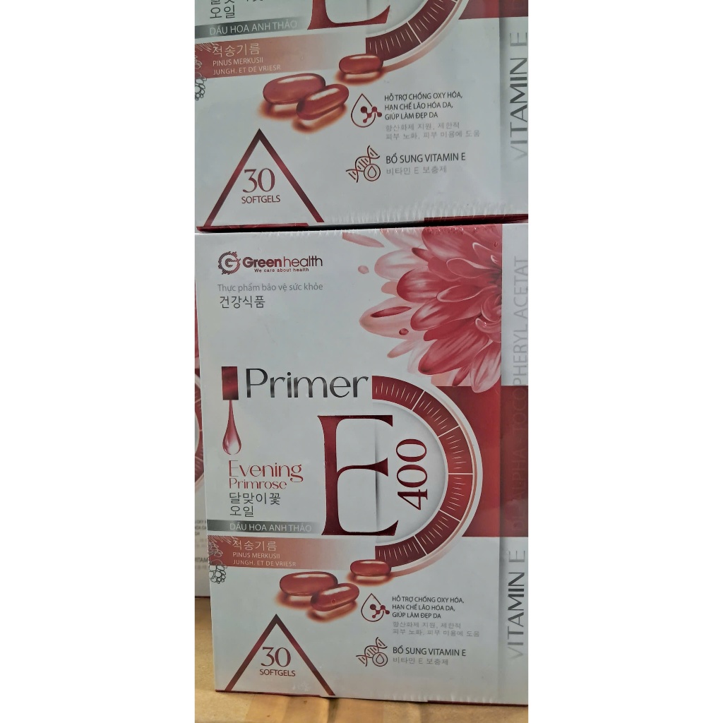 VITAMIN E400 PRIMER hộp 30 viên.Giúp bổ sung Vitamin E hỗ trợ chống oxy hóa, làm đẹp da (E lựu đỏ)