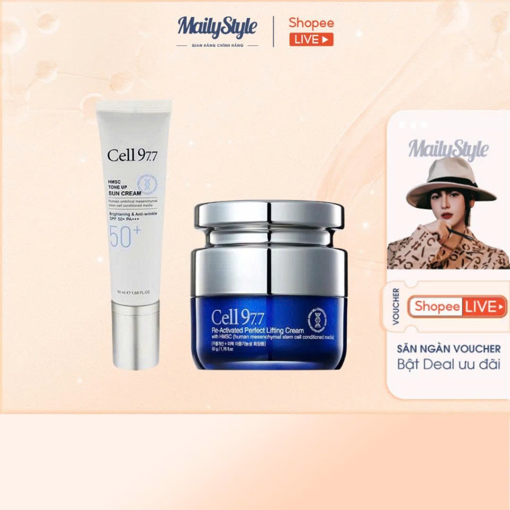 S22_(KÈM QUÀ) Combo 1 Kem chống nắng nâng tone Cell 97.7  (c82) và 1 Kem dưỡng nâng cơ Cell97.7 (c22