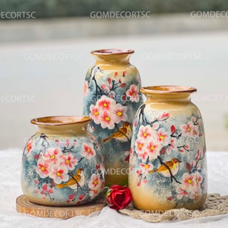  Bộ 3 bình hoa gốm Bát Tràng giá rẻ dày dặn vẽ tay thủ công tinh tế trang trí tủ kệ phòng khách 