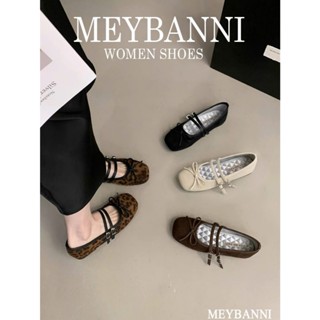 Giày Búp Bê MEYBANNI Mũi Vuông Lót Bạc Chần Chỉ Quả Trám Phối Quai Ngang Và Nơ Nhỏ Xinh Xắn - C961