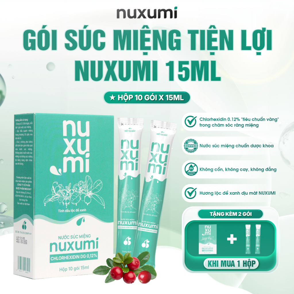 Nước Súc Miệng Chlorhexidin 0.12% NUXUMI | Không Cồn, Giảm Lây Cúm, Hôi Miệng | Hộp 10 Gói 15ml
