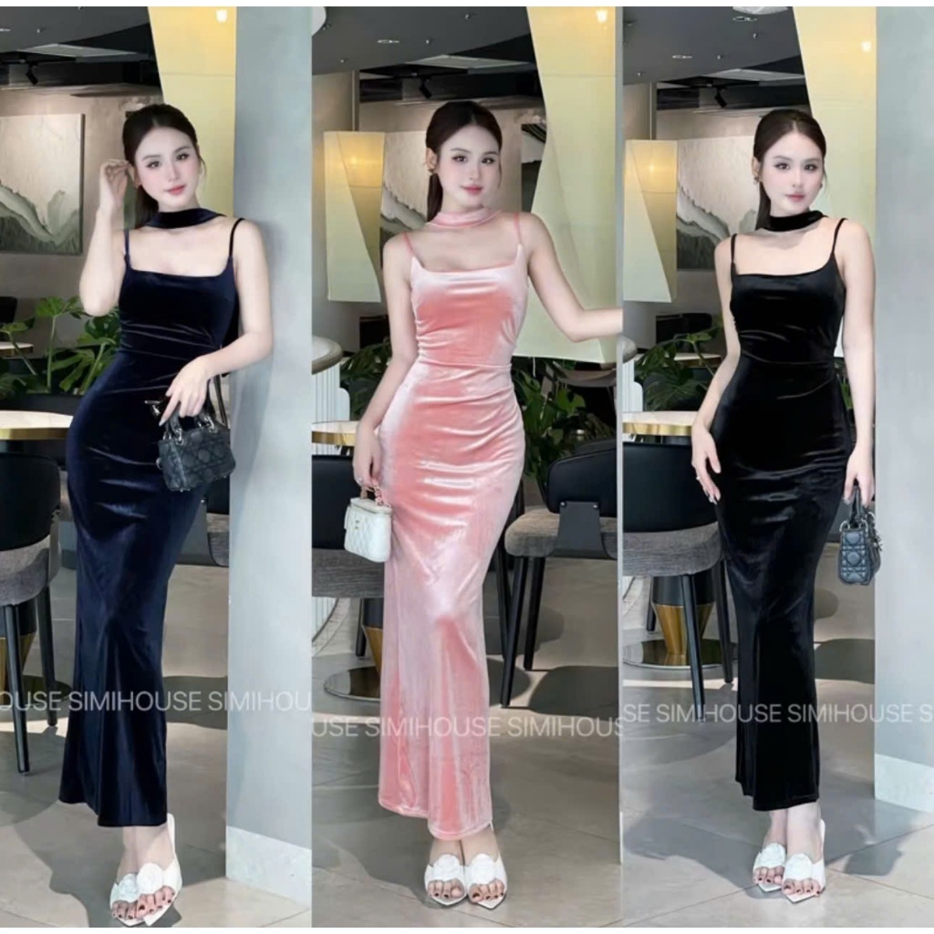 Váy nhung body 2 dây nhún eo kèm dây cổ M95
