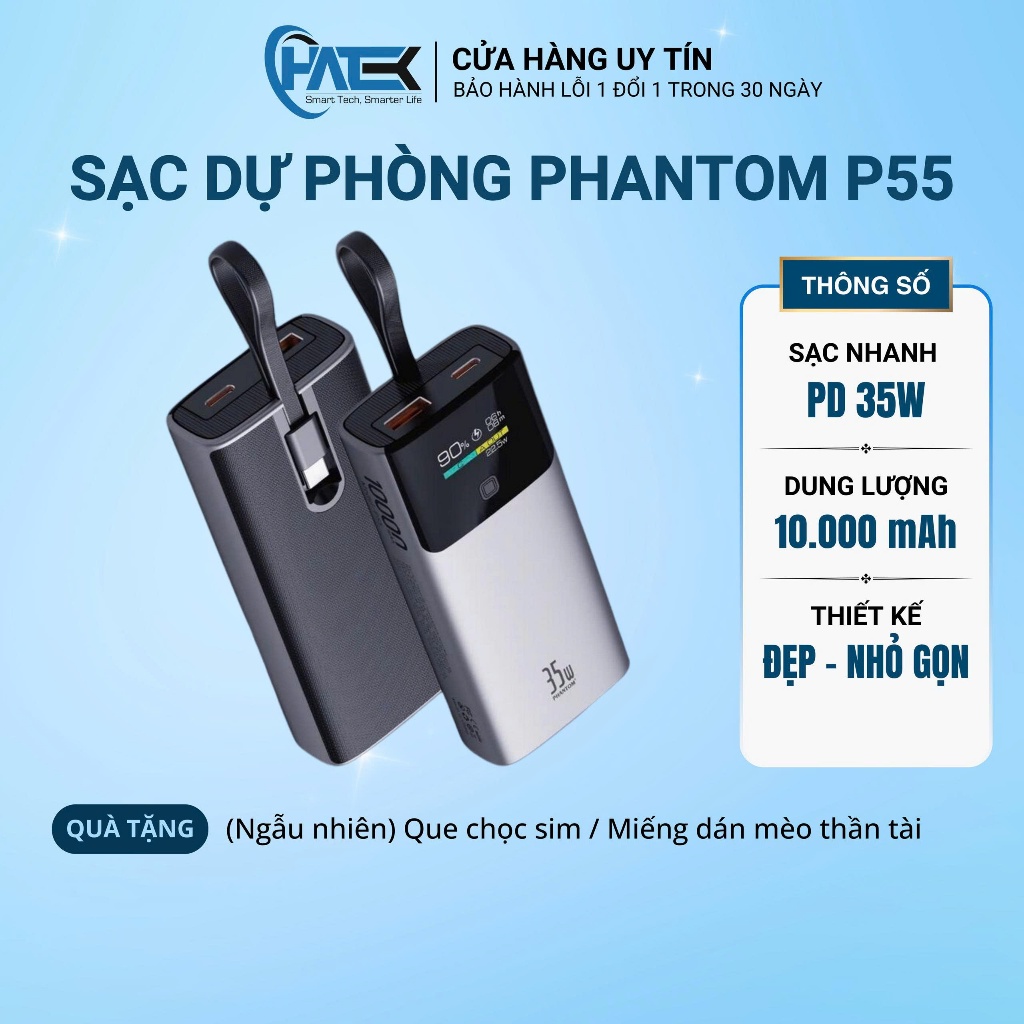 Sạc Dự Phòng PHANTOM P55 10.000mAh Sạc Nhanh 35W Lõi Pin LION - Có Màn Hình Hiển Thị Thông Số Rõ Ràn