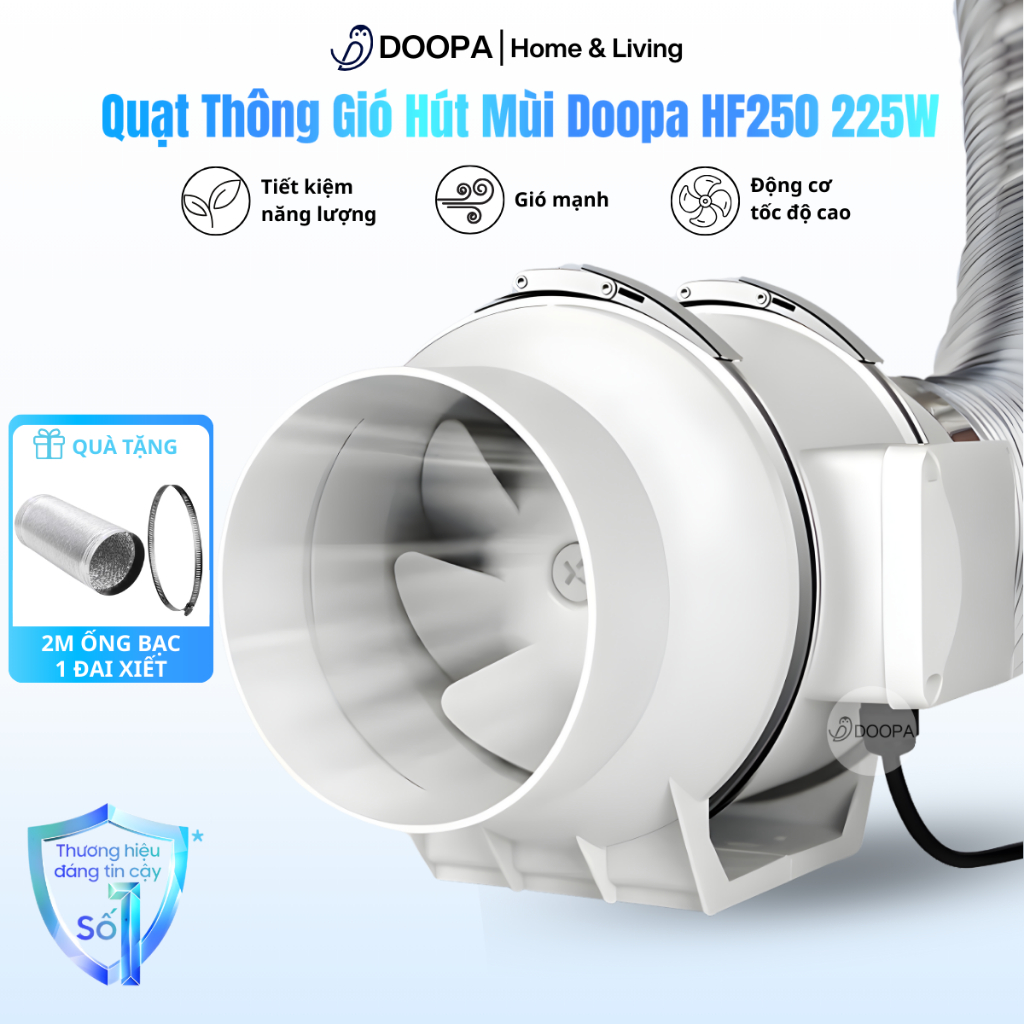 Quạt Thông Gió Hút Mùi Doopa HF250 - Hút Mùi Nhà Bếp, Khử Mùi, Thông Thoáng Không Khí, Hút Mùi Mạnh,