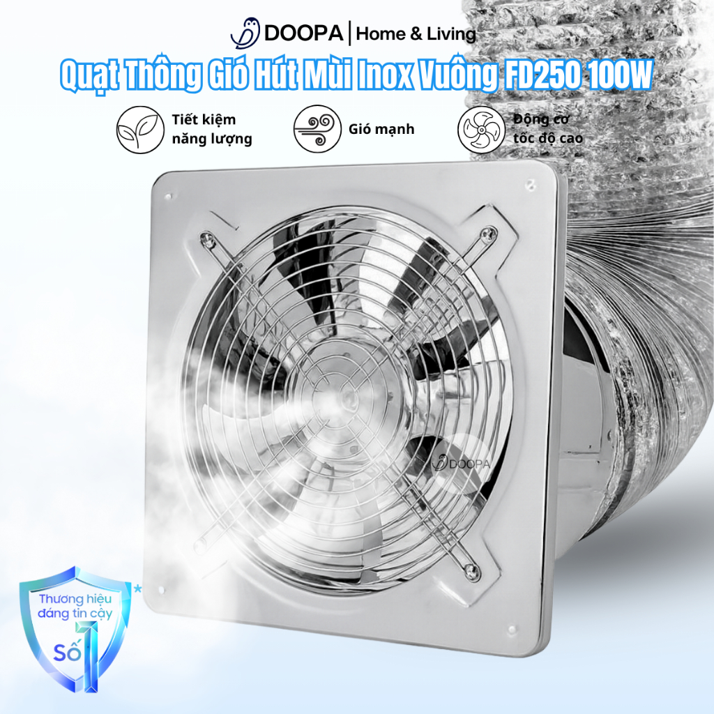 Quạt Thông Gió Hút Mùi Inox Vuông FD250 100W - Khử Mùi Thức Ăn, Khói Bếp, Mùi Ẩm Mốc, Hút Mùi Mạnh, 