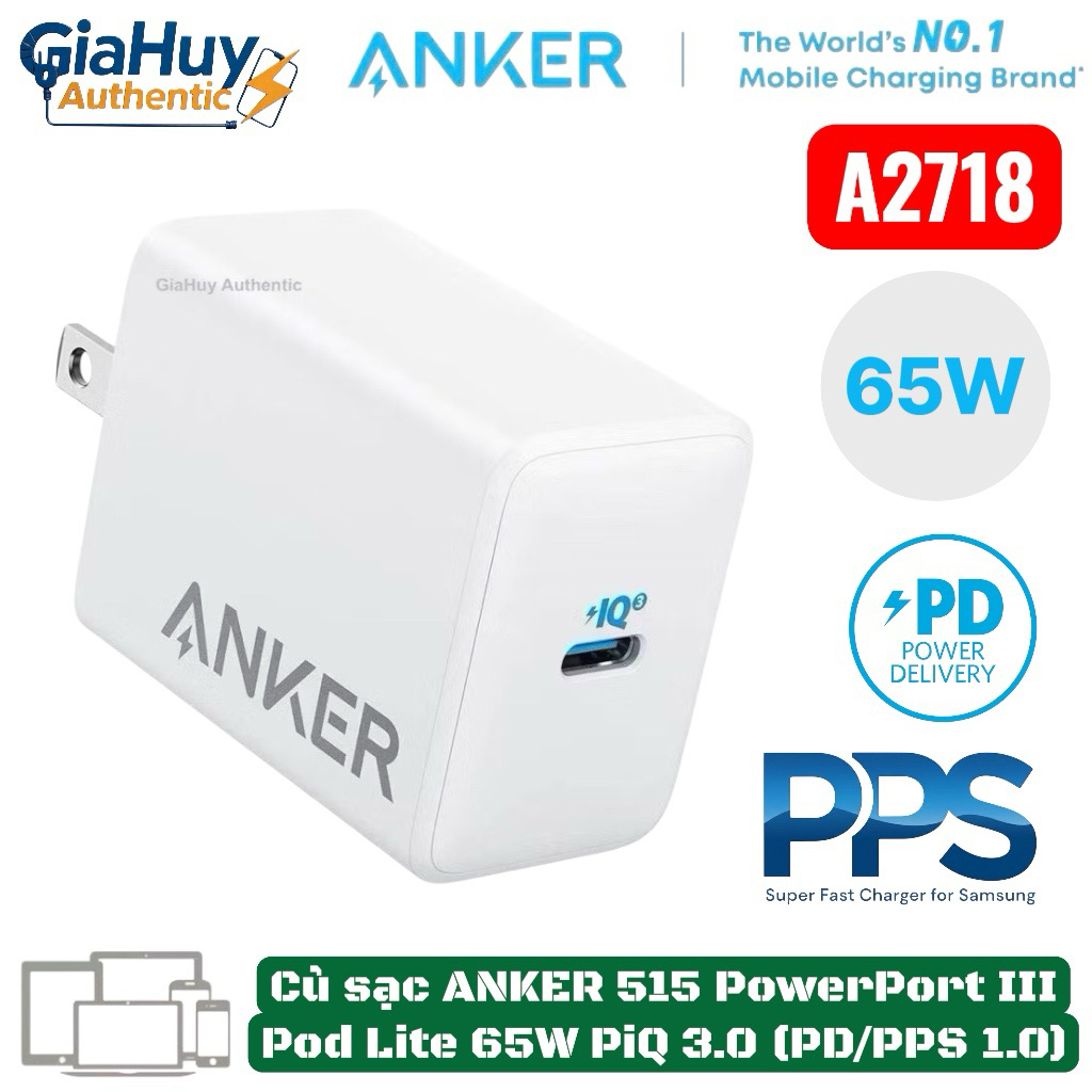 Củ sạc nhanh ANKER 515 PowerPort III Pod Lite 65W PIQ 3.0/ PPS 1.0/ PD - Mã hàng A2718