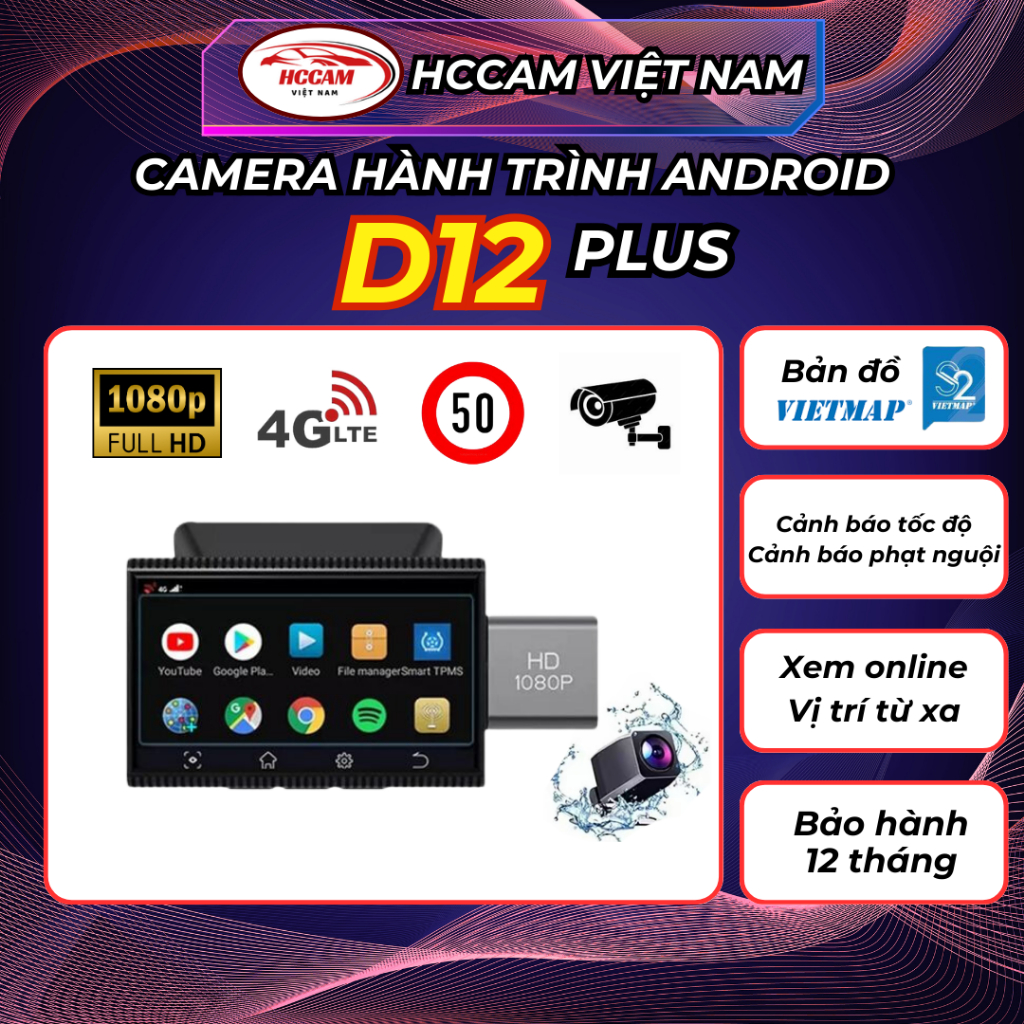(HOT) Camera hành trình Android HCCam D12 4g, Cảnh báo tốc độ, cảnh báo phạt nguội, xem xe online, g