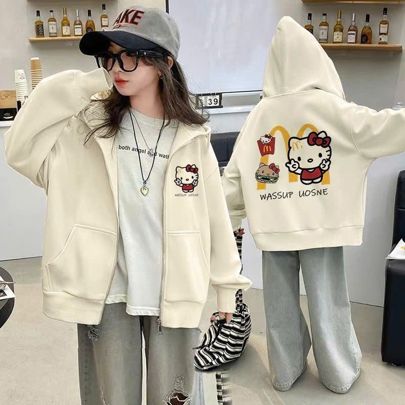 Áo khoác bé gái Hoodie Zip nỉ Bông phong cách Hàn Quốc đơn giản thanh thoát in Kitty (Mẫu 9)