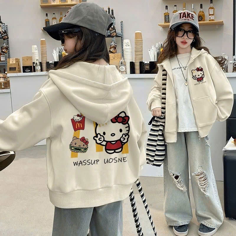 Áo khoác bé gái Hoodie Zip nỉ Bông phong cách Hàn Quốc đơn giản thanh thoát in Kitty (Mẫu 9)