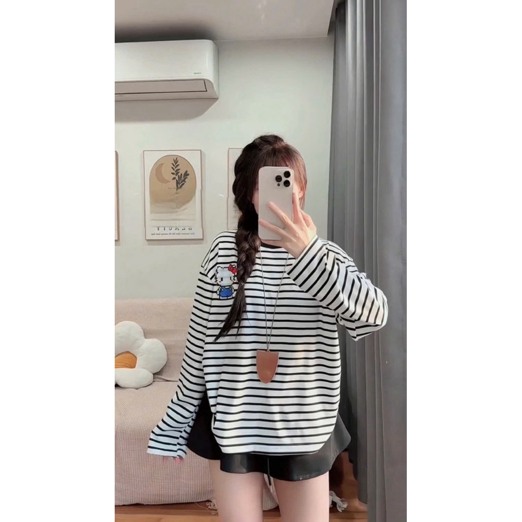 Áo kẻ sọc dài tay in kitty habo mẫu hot trend ảnh thật