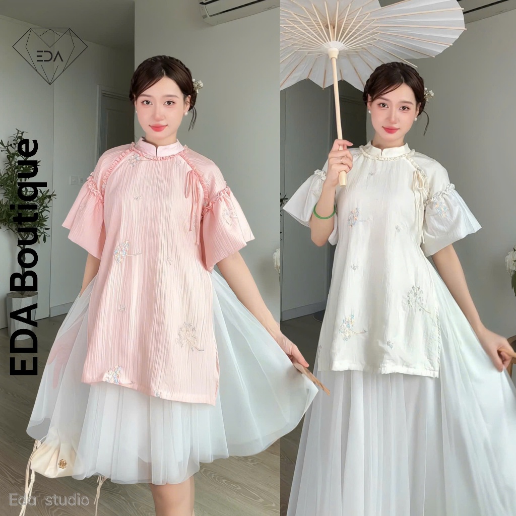 EDA | Set Áo dài cách tân Tết EDA Boutique vải tơ thêu 2 lớp hoa tay phồng bèo 2 màu xinh xắn chân v