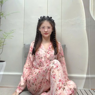   Tay Dài  Mango Đồ Bộ Pyjama Viền Lé Tay Dài Quần Dài Lụa Cao Cấp Size 45-69kg 