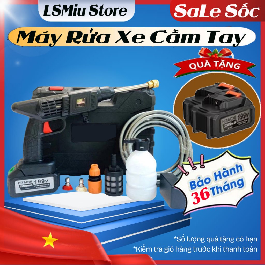Máy xịt rửa xe máy ô tô, Máy rửa xe Cầm tay,Máy rửa xe pin Không Dây Chính Hãng Đa Năng Áp Lực Nước 