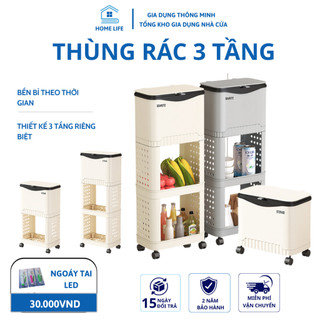 Thùng rác nhà bếp, thùng rác 3 tầng lớn có nắp, kệ phân loại có bánh xe , di chuyển tiện lợi , có bánh xe