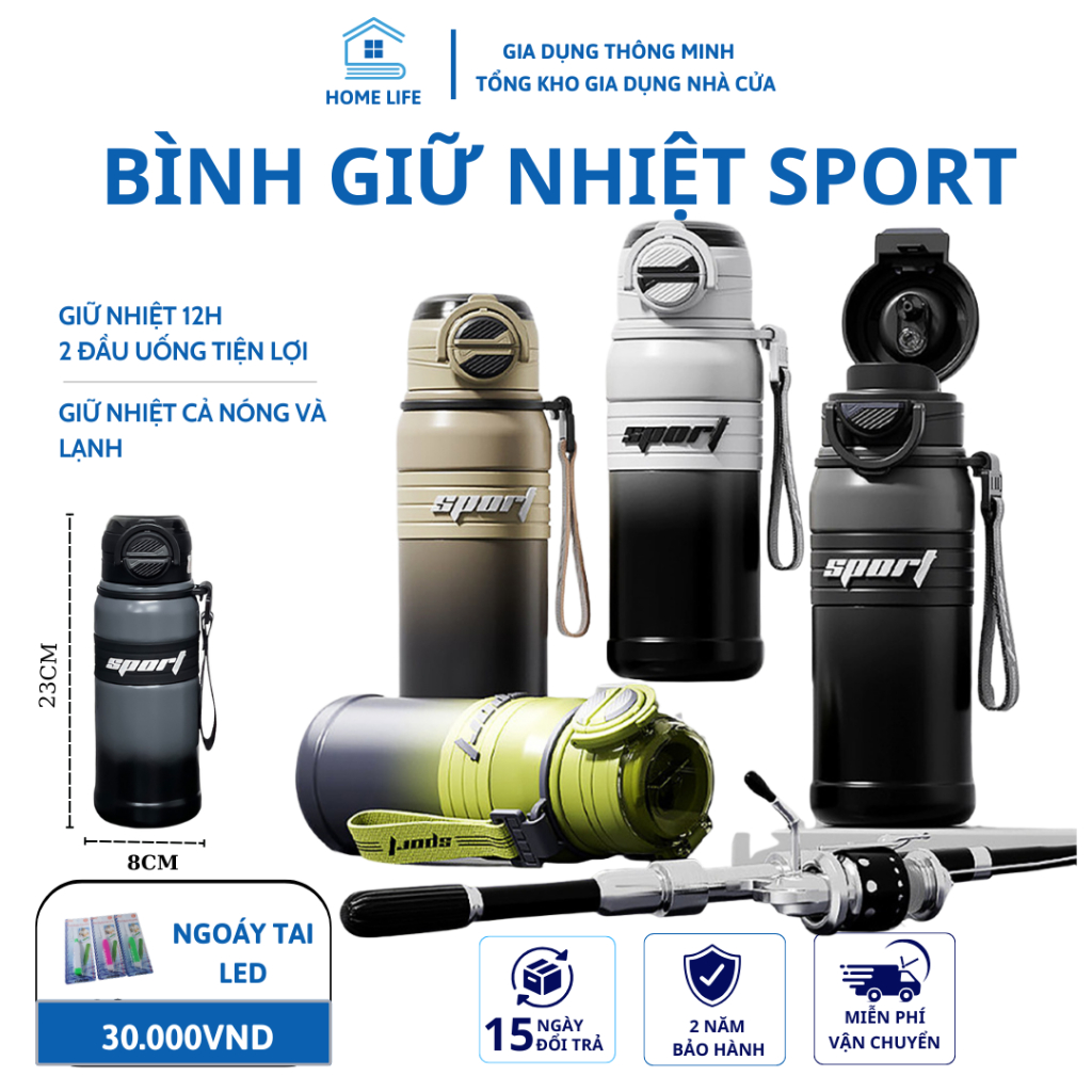Bình giữ nhiệt 48h Sport 680ml bình nước thể thao Sport inox 316 có dây treo, ngăn lọc trà