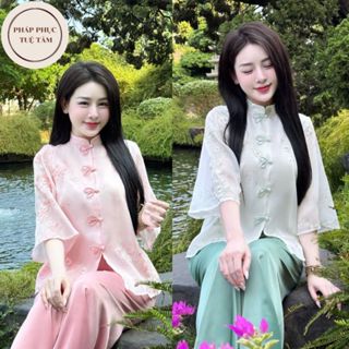  Pháp phục cách tân tơ 2 lớp thêu hoa cổ tàu thêu hoa tay lỡ phối nơ Đồ lam thanh lịch hiện đại 