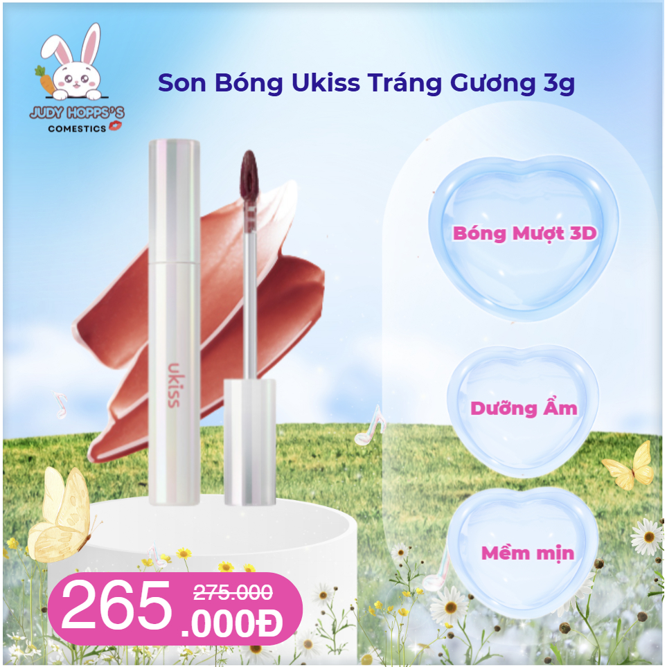 Son Bóng Ukiss Tráng Gương 3g - Bóng Mượt 3D, Dưỡng Ẩm Môi Căng Mọng, Bền Màu 6h, Không Dính